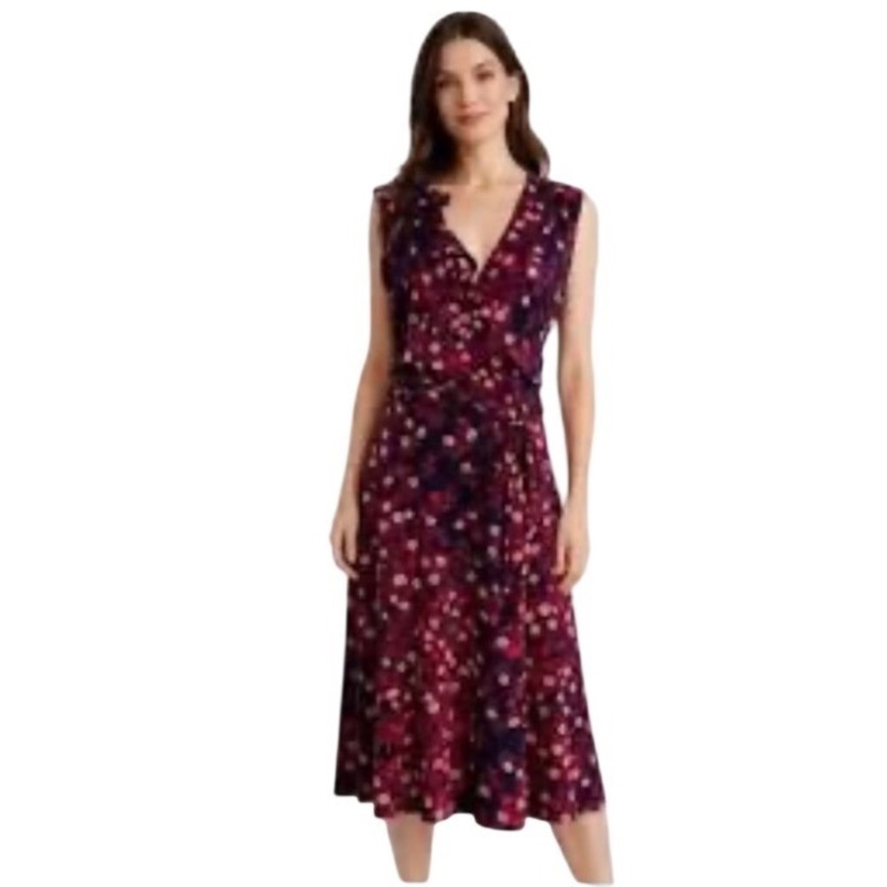 Leota Aneeka Knit Faux Wrap Dress Women XL Dark Purple Floral Ruffle Midi NEW
